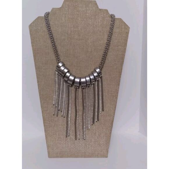 Erica Lyons Necklace Chunky Steampunk Silvertone Removable Metal Ring Tassles - Picture 3 of 8